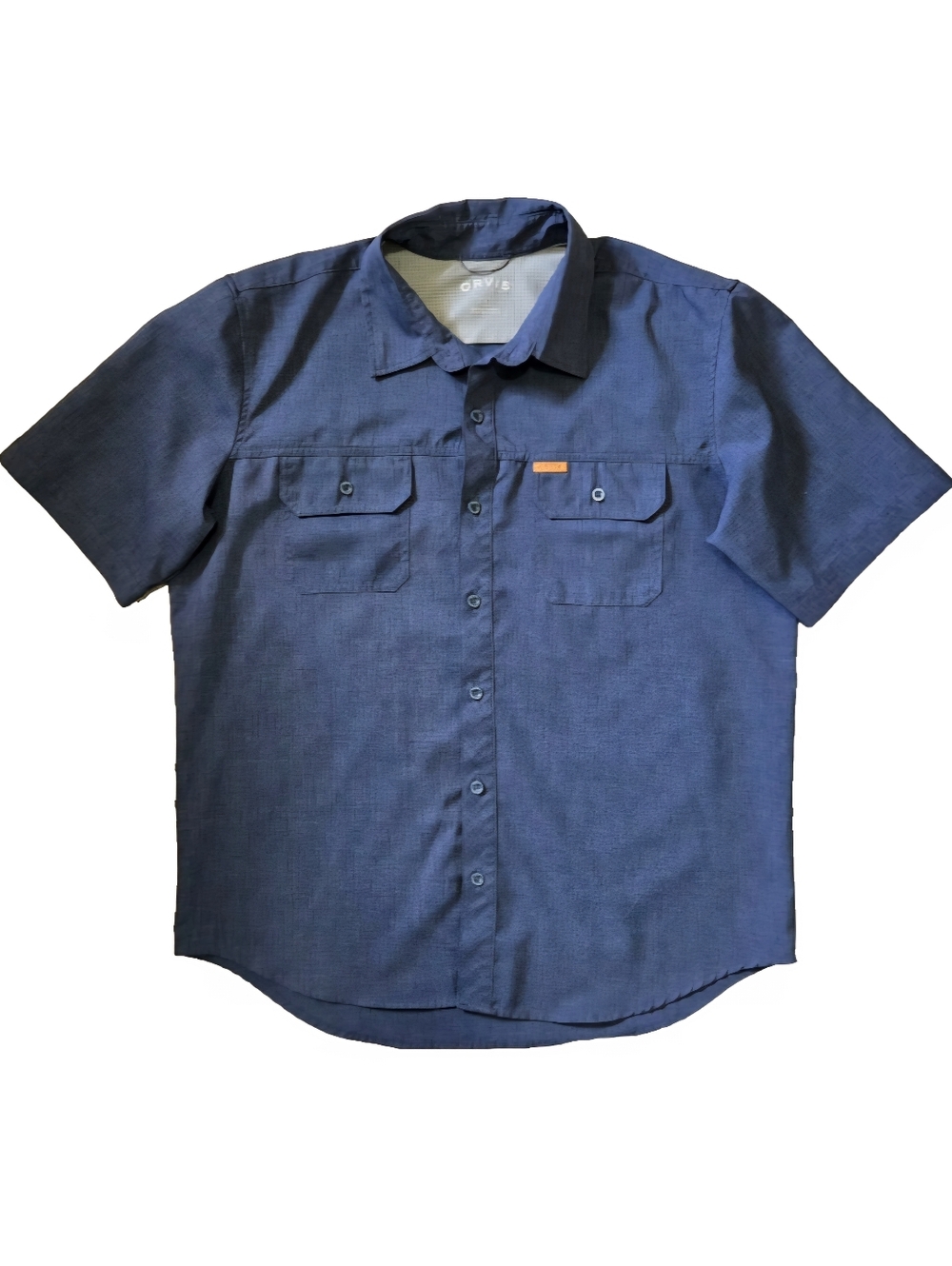 Orvis Short Sleeve Button Up Shirt Mens Large Blue Outdoor Fishing Casual